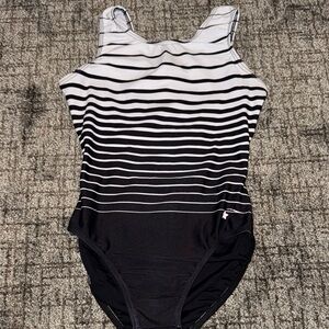 Striped Black and White Destira girls gymnastics leotard